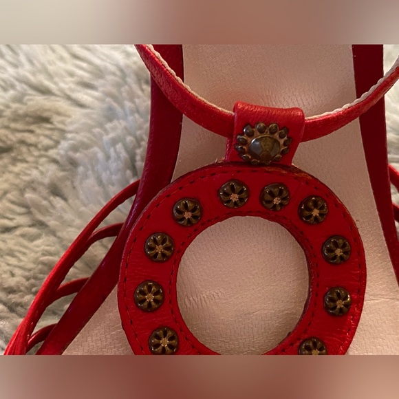 DIOR strappy Red Sandals with Grommet Detail and Gold Embossed Buckle - Picture 15 of 16
